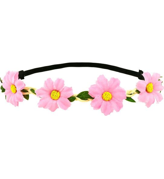 Haarband bloemen roze met vier stoffen bloemen op gevlochten bandje en zwart elastisch lint