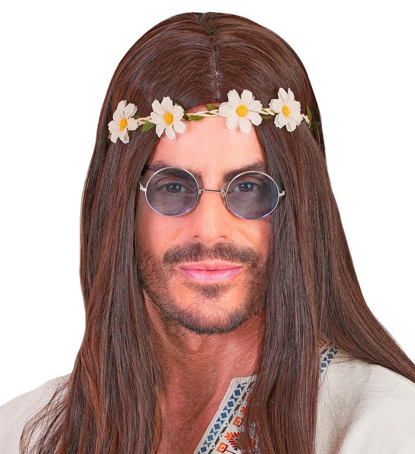 Haarband bloemen wit bij lang bruin haar voor een hippielook voor heren