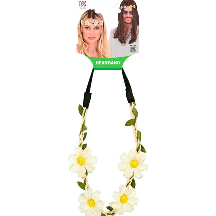 Haarband bloemen wit op verpakkingskaart met gevlochten koord en groene blaadjes