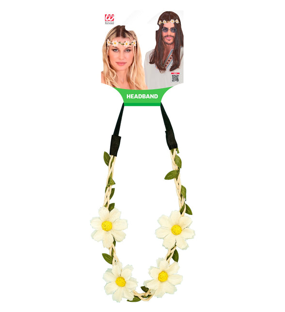 Haarband bloemen wit op verpakkingskaart met gevlochten koord en groene blaadjes