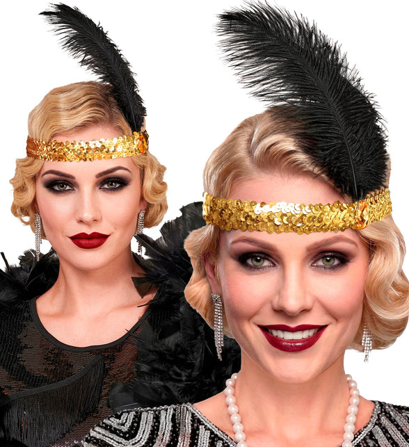Haarband jaren 20 goud gedragen door twee dames met flapperkapsel bij een charlestonfeest
