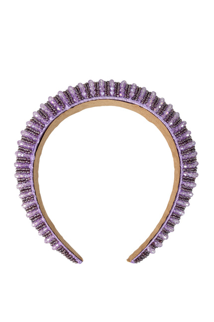 Haarband lila met rijen lila facetkraaltjes en donkerpaarse kraaltjes, beige binnenzijde, voor dames