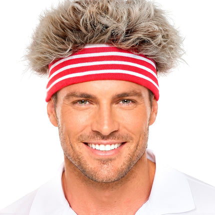 Haarband met pluche haar jaren 80 op het voorhoofd, haar rechtop boven de gestreepte band