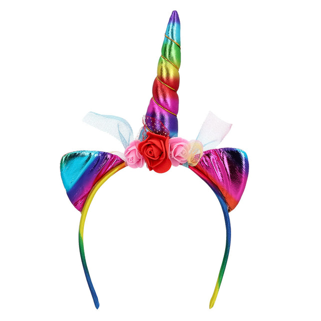 Haarband uit de eenhoorn verkleedset Starlight met gedraaide regenbooghoorn, glanzende oortjes en roosjes