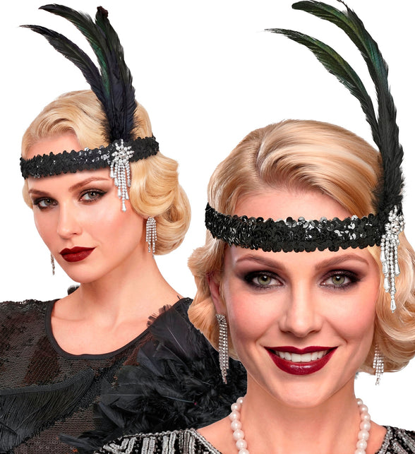 Haarband met veren jaren 20 op model, van voren en van de zijkant gedragen bij een flapperlook