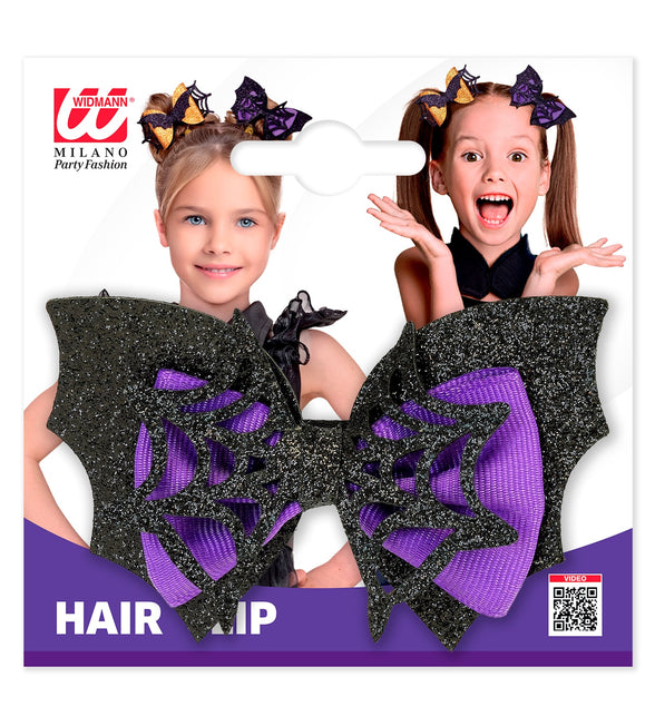 Haarclip vleermuis met paars lint in verpakking, Halloween haaraccessoire voor meisjes