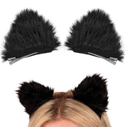 Haarclips kat oortjes zwart met metalen clips, los en opgezet in blond haar