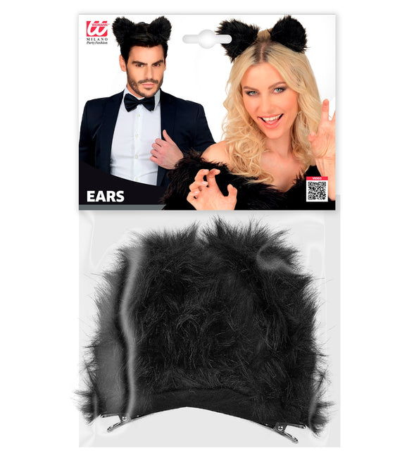Haarclips kat oortjes zwart in de Widmann-verpakking, pluizig polyester