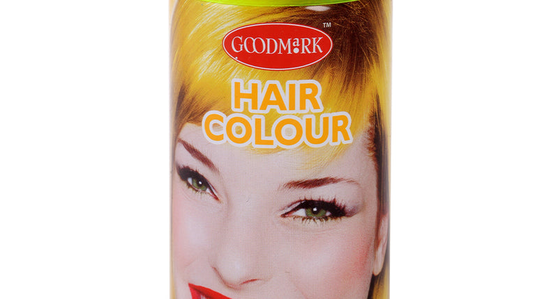 Haarspray fluor geel 125 ml van Goodmark met neongele kap en model met geel haar op het etiket
