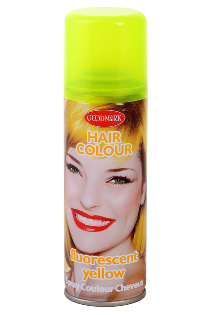 Haarspray fluor geel 125 ml van Goodmark met neongele kap en model met geel haar op het etiket