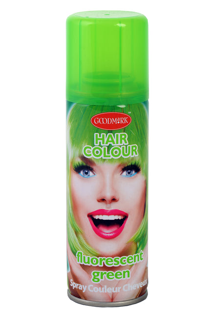 Haarspray fluor groen 125 ml in spuitbus van Goodmark met felgroene kap, voor een neonfeest
