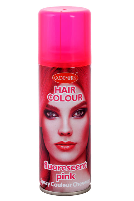 Haarspray fluor roze 125 ml in aluminium spuitbus met roze spuitkop, tijdelijke haarkleuring voor een neonparty