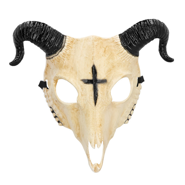 Halfmasker Demon ram crème van voren met zwart kruis op het voorhoofd en een tandenrij langs de zijkanten