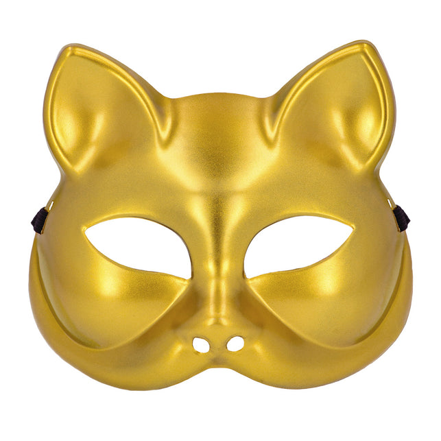 Halfmasker kat goud met puntige oren en glanzende metallic afwerking, vooraanzicht