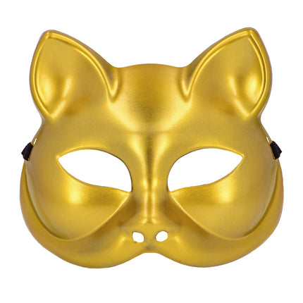 Halfmasker kat goud met puntige oren en glanzende metallic afwerking, vooraanzicht