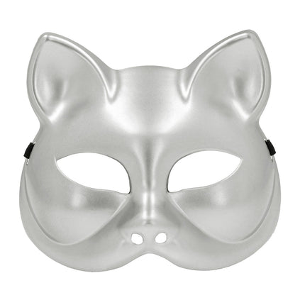 Halfmasker kitty zilver, kattenmasker van kunststof met spitse oren en amandelvormige ooggaten