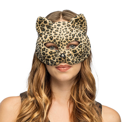 Halfmasker luipaard Feline met kattenoren en snorharen, gedragen door dame op themafeest