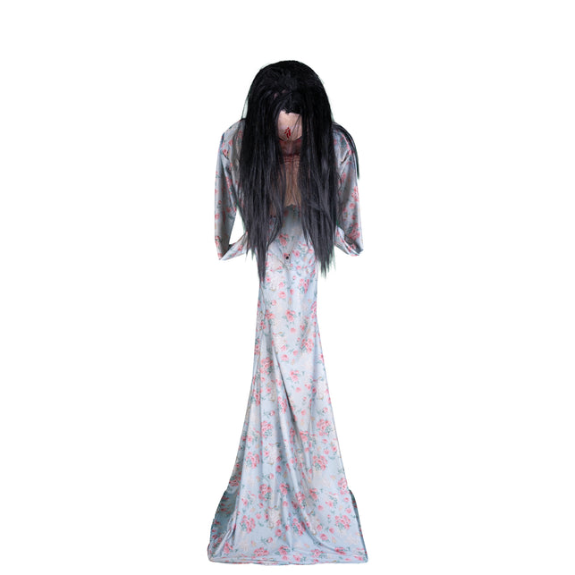 Halloween animatronic Beatrice 200 cm, spookmeisje in lichtblauwe rozenjurk met lang zwart haar