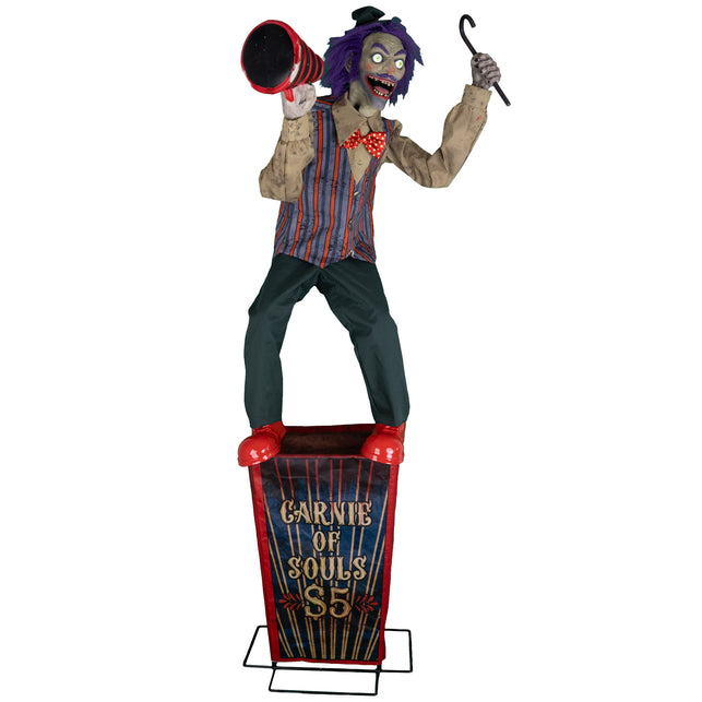 Halloween animatronic Speakin' Spencer met opgeheven megafoon en rode stippenvlinderdas