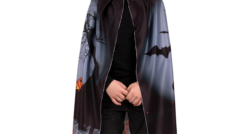 Halloween cape met heksenhoed op kind, cape met vleermuizen en pompoenen voor Halloween