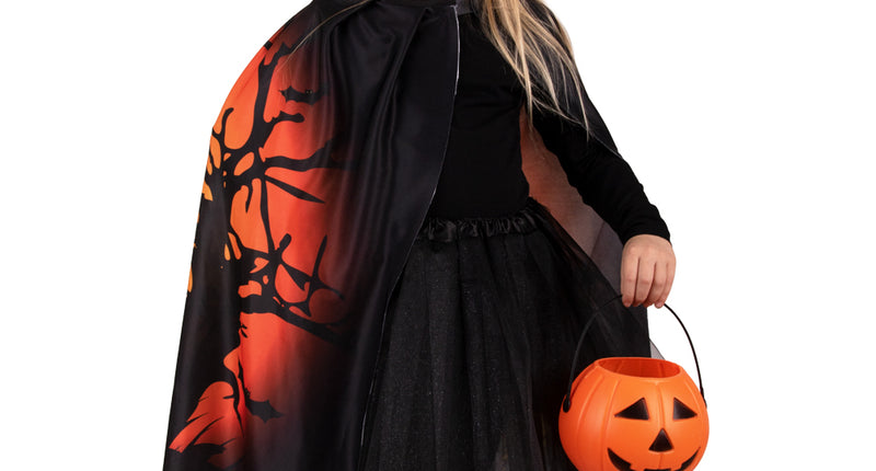 Halloween cape kind zwart met oranje boomprint en puntige heksenhoed voor Halloween