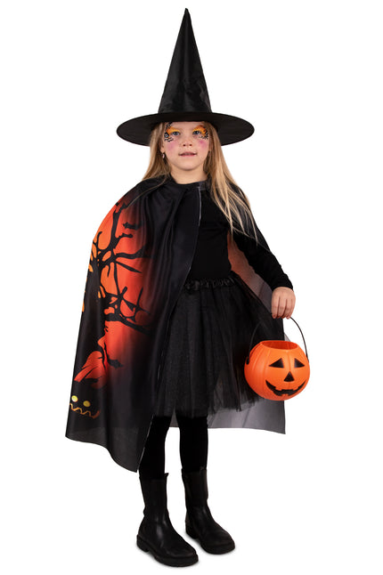 Halloween cape kind zwart met oranje boomprint en puntige heksenhoed voor Halloween