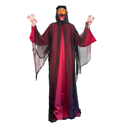 Halloween decoratiepop van 210 cm in rood-zwart gewaad met capuchon, skeletgezicht en oplichtende ogen