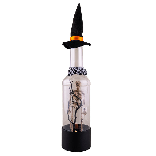 Halloween fles mini landschap met skeletfiguur tussen zwarte takken, punthoed en geblokt strikje