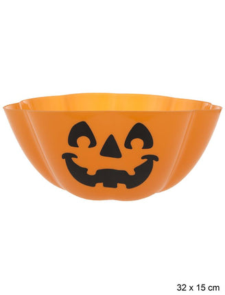 Halloween fruitschaal oranje van pvc met zwart pompoengezicht, 32 x 15 cm, voor snoep op Halloween