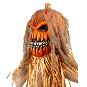 Halloween masker pompoen vogelverschrikker schuin van voren met gerafeld jutedoek over de kap
