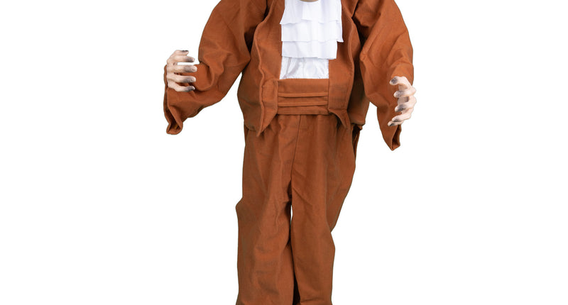 Halloween pop met kaal hoofd van 95 cm in bruin pak met witte jabot en zwarte schoenen