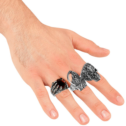 Halloween ringen heren gedragen op drie vingers, zilverkleurig zink met reliëfdetails