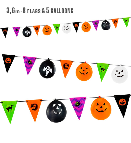 Halloween slinger meerkleurig van 3,6 meter met 8 vlaggetjes en 5 ballonnen met pompoen- en spookgezichten