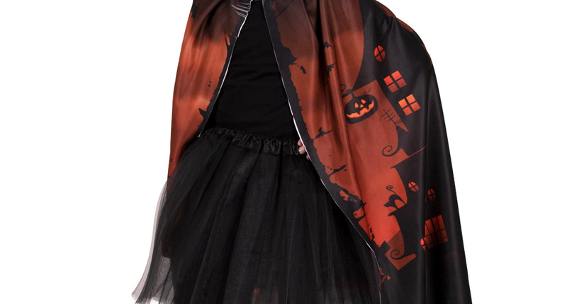 Halloweencape met heksenhoed voor kinderen, zwart-rode cape met spookhuisprint en zwarte punthoed