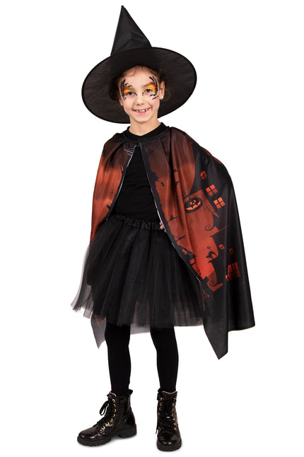 Halloweencape met heksenhoed voor kinderen, zwart-rode cape met spookhuisprint en zwarte punthoed