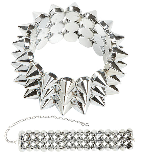 Halsband en armband met spijkers in zilver, armband met kegelvormige punten en halsband met kettinkje