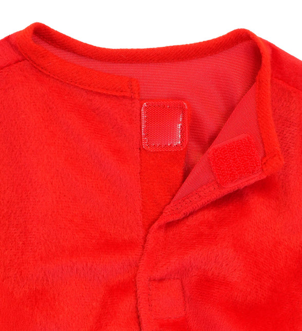 Halsdetail duivel kostuum Milan kind met klittenbandsluiting in rode pluche stof