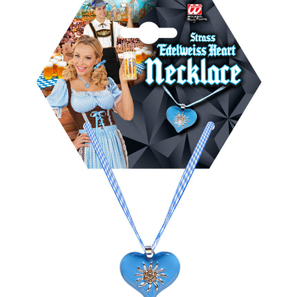Halsketting met azuurblauw hart en edelweiss in verpakking van Widmann