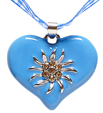 Halsketting met azuurblauw hart en zilverkleurige edelweiss met strassteentjes, close-up