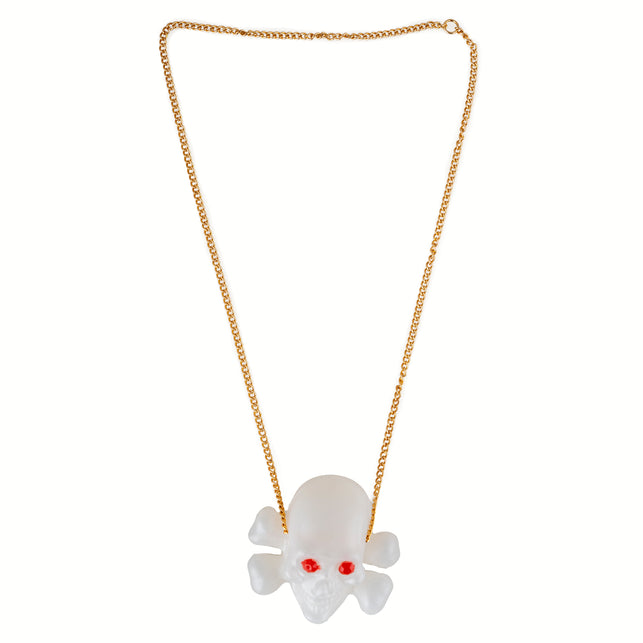Halsketting doodskop wit met rode ogen en gekruiste botten aan goudkleurige schakelketting voor Halloween