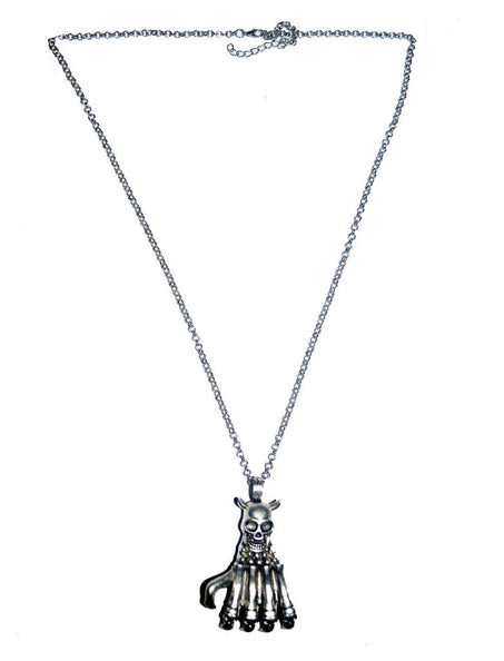 Halsketting hand skelet met doodskop, zilverkleurige metalen hanger met schedeltjes aan de vingertoppen