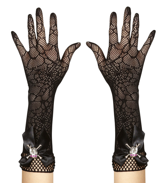 Handschoenen spinnenweb met strass schedel, zwart lang net met strik en doodskop bij de pols voor Halloween
