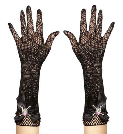 Handschoenen spinnenweb met strass schedel, zwart lang net met strik en doodskop bij de pols voor Halloween