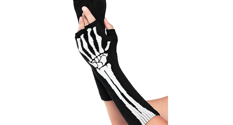 Handschoenen zonder vingers in zwart met witte botprint op hand en onderarm, voor Halloween
