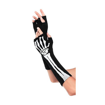 Handschoenen zonder vingers in zwart met witte botprint op hand en onderarm, voor Halloween