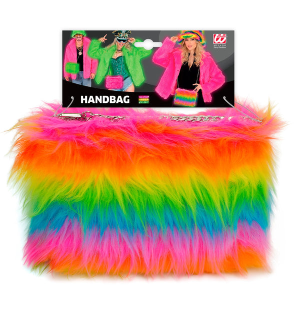 Handtas neon regenboog pluche op verpakkingskaart, langharig kunstpluche in felle kleuren