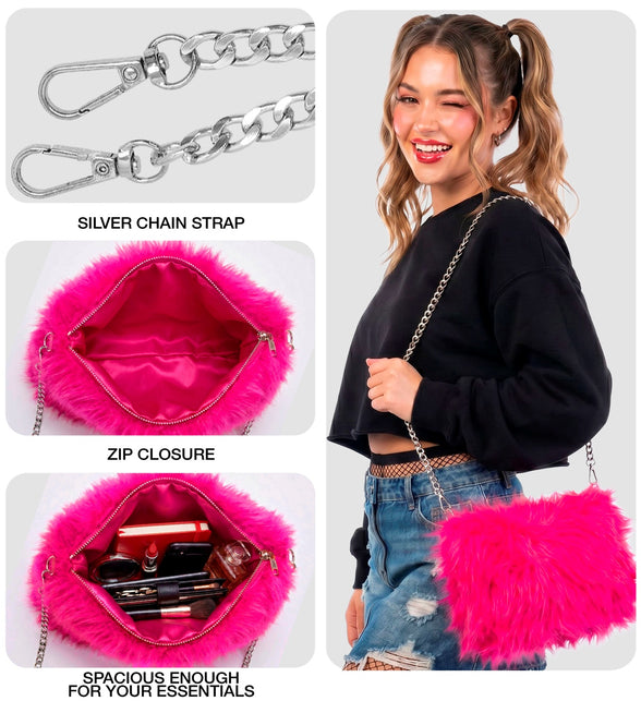 Handtas neon roze pluche detail: rits, roze voering en zilveren karabijnhaken