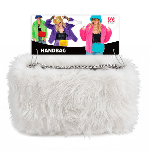 Handtas pluche wit in verpakking met kaart, wit langharig tasje met kettinghengsel