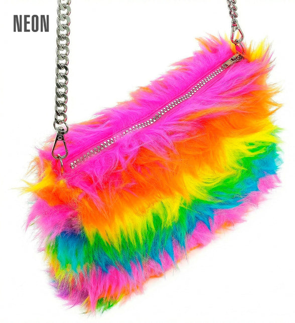 Handtas regenboog pluche neon met zilveren kettinghengsel en rits over de bovenkant