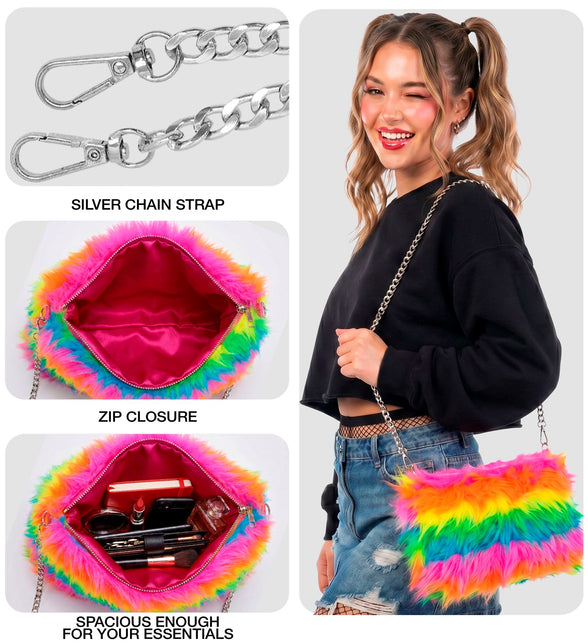 Handtas regenboog pluche met roze voering, rits en losse schakelketting, gedragen over de schouder